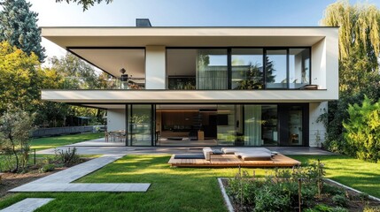 Modern Luxury Home with Expansive Glass Windows and Landscaped Gardens
