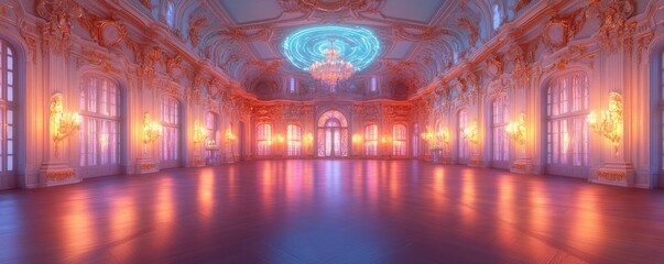 Fototapeta premium A grand, beautifully illuminated room featuring ornate architecture, elegant chandeliers, and a polished floor reflecting vibrant colors.