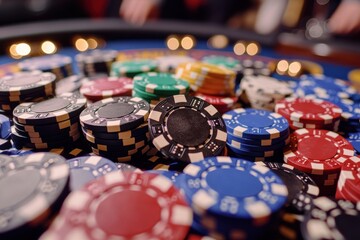 Close-up of colorful casino chips stacked on a gaming table, creating a vibrant scene full of anticipation and opportunity for success.