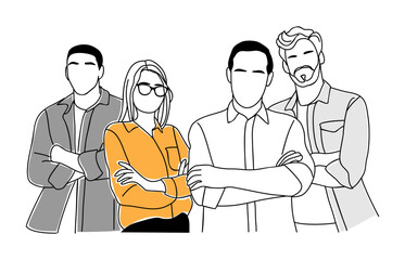 Business team members standing together. Collaboration, teamwork, support concept. Men and women business person in confident poses. Vector outline illustration isolated