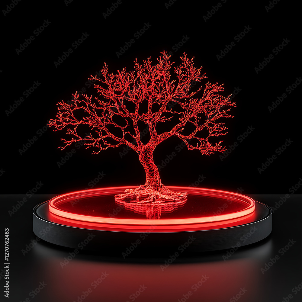 Poster luminous tree sculpture on lit platform artistic display glowing botanical form and modern design