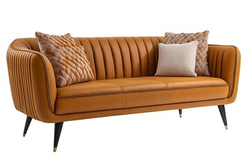 Fototapeta premium Modern camel leather sofa, studio shot, neutral color scheme