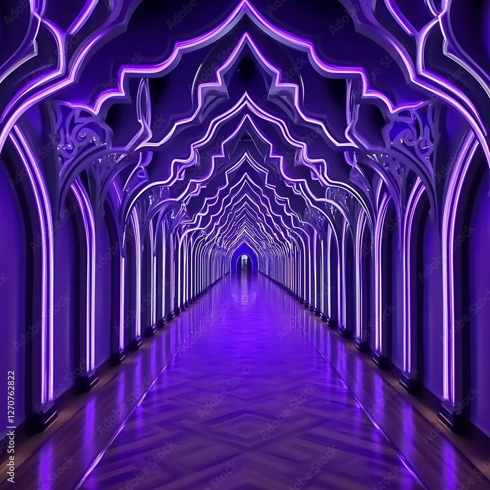 Poster luminous violet corridor with geometric archways and reflected floor pattern in perspective view