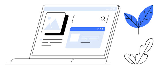 Laptop screen displaying content layout with search bar and image placeholder alongside blue leaf graphics. Ideal for UIUX design, web development, technology tutorials, online learning, digital