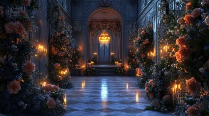 A beautifully illuminated hallway adorned with roses and candles, creating a romantic and enchanting atmosphere.