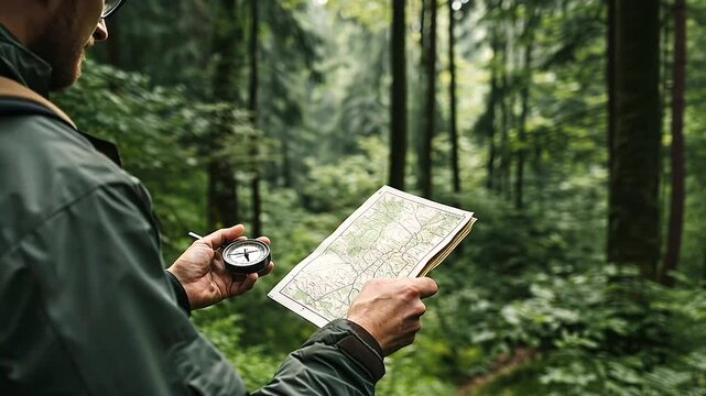 A hiker navigating a dense forest with a compass and map