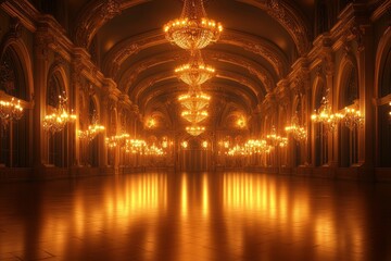 Obraz premium A grand hall illuminated by elegant chandeliers, featuring ornate architecture and a shimmering golden floor that creates a luxurious atmosphere.