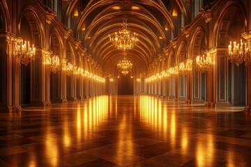 Obraz premium A grand hall illuminated by elegant chandeliers, featuring a reflective floor that enhances the opulent atmosphere.