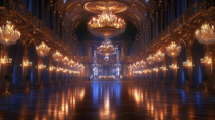 Obraz premium A grand, opulent hall adorned with shimmering chandeliers, reflecting light on polished floors, exuding elegance and luxury.