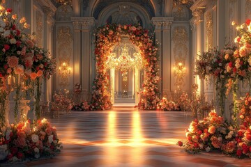 A beautifully decorated hall adorned with floral arrangements and warm lighting, creating an elegant and enchanting atmosphere.