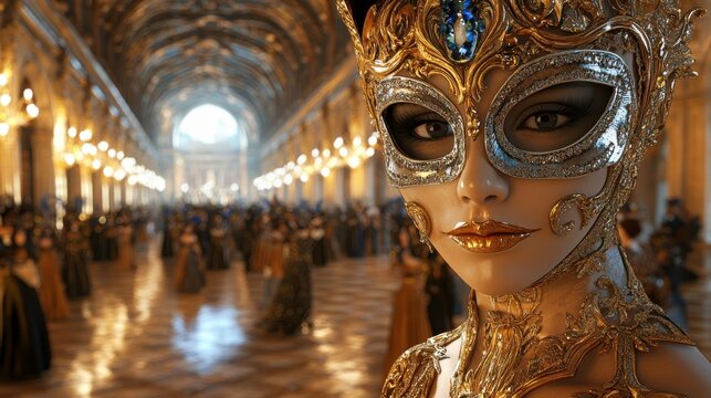 A mysterious figure in an ornate mask stands before a grand hall filled with elegantly dressed attendees, evoking a sense of intrigue and elegance.