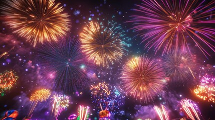Fototapeta premium A vibrant display of colorful fireworks lighting up the night sky, creating a festive and celebratory atmosphere.