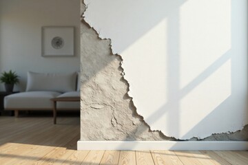 Sunlit Interior with Partially Damaged Wall Showing Textured Surface and White Baseboard