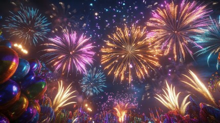A vibrant display of colorful fireworks lighting up the night sky, creating a festive and celebratory atmosphere.