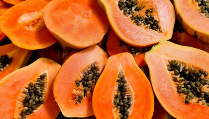 Detailed view of fresh papaya slices, highlighting their juicy texture and orange-pink color. Perfect for healthy food, fruit salads, or tropical concepts. Texture, background.