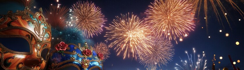 Obraz premium A vibrant celebration scene featuring a decorated mask with colorful feathers and dazzling fireworks lighting up the night sky.