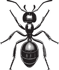 Detailed Ant Illustration: This detailed illustration showcases the intricate features of an ant, captured in a sharp, monochrome style, revealing the insect's segmented body, antennae, and legs.
