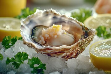 A delicious and fresh oyster on crushed ice, garnished with lemon and parsley, presented with great detail, capturing the essence of fine dining and seafood delicacies.