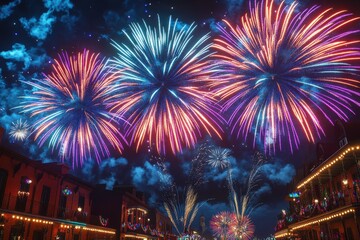 A vibrant display of colorful fireworks lights up the night sky, creating a festive atmosphere over a lively street scene.