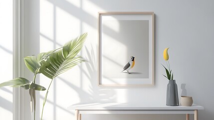 Interior art print of bird, sunlit room, nature inspired