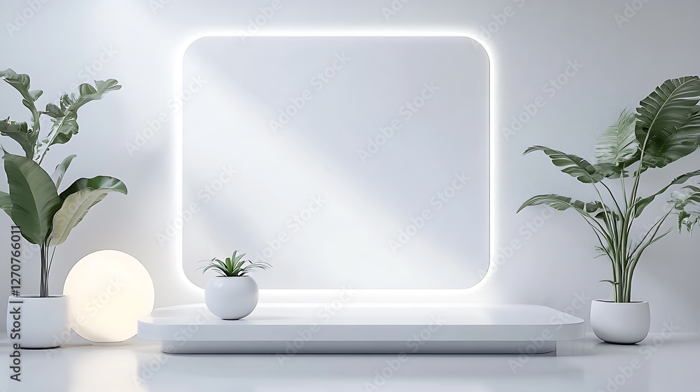 Poster minimalist white room with plants and empty display