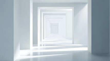 Abstract white architectural hallway. Interior perspective, light, empty space. Possible use Architectural design, interior design inspiration