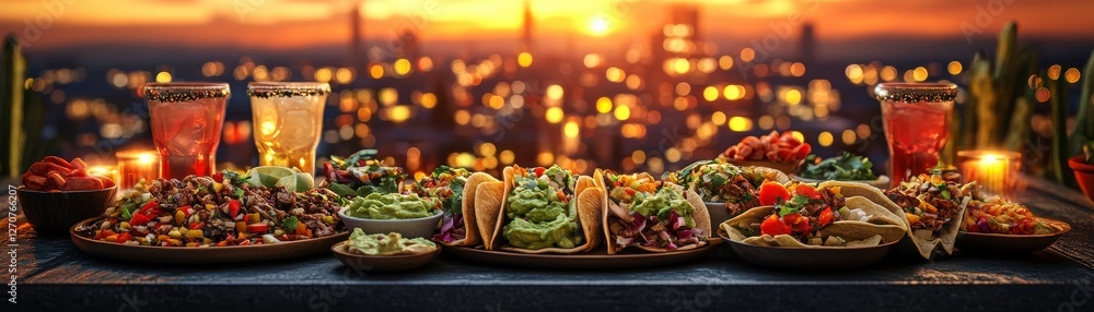 Poster a vibrant sunset view showcases an array of delicious dishes and drinks, creating a warm and invitin