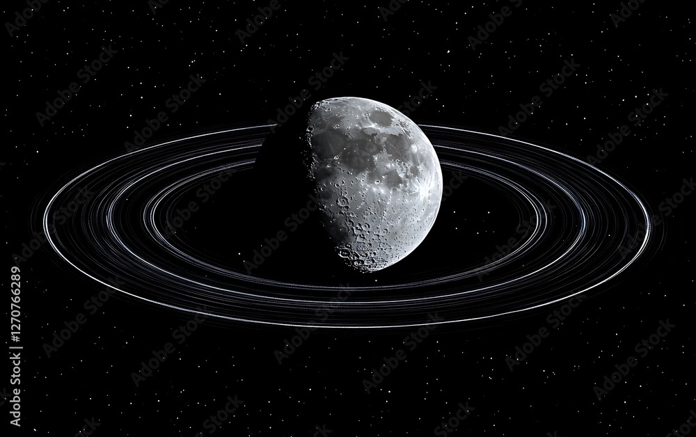 Poster moon with ring system in space