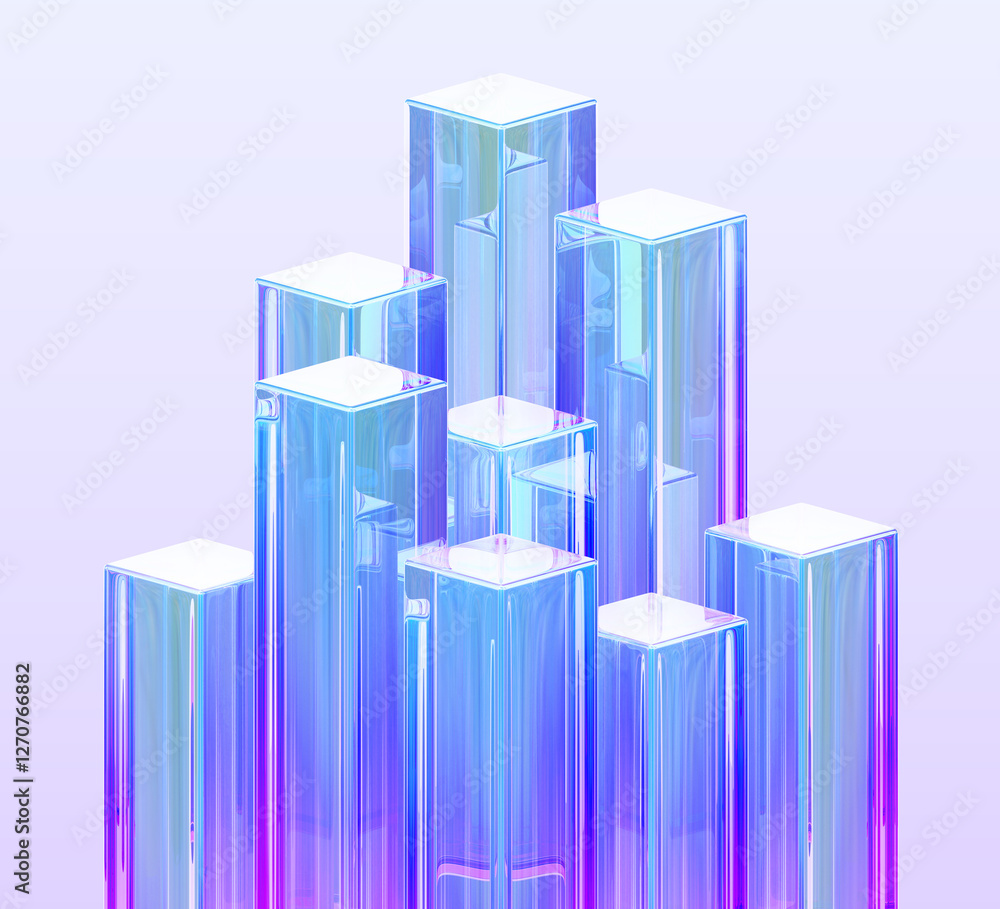 Poster abstract 3d background with glass holographic transparent rectangle cube pillars, crystal rainbow co