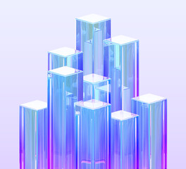 Abstract 3d background with glass holographic transparent rectangle cube pillars, crystal rainbow columns. Neon gradient rectangular block pattern. Render digital tech banner bg. 3D illustration