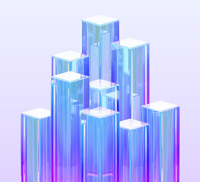 Fototapeta Abstract 3d background with glass holographic transparent rectangle cube pillars, crystal rainbow columns. Neon gradient rectangular block pattern. Render digital tech banner bg. 3D illustration