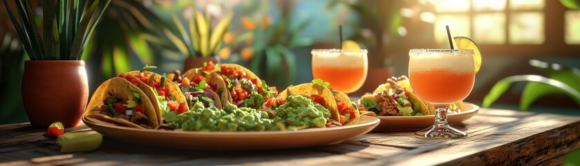 A vibrant platter of tacos and refreshing drinks, surrounded by lush greenery, captures the essence of a festive dining experience.