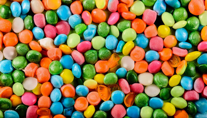 Obraz premium Repeating pattern of colorful candies, showcasing their smooth, shiny surfaces and vibrant colors. Ideal for sweet, playful, or indulgent concepts. Texture, background.