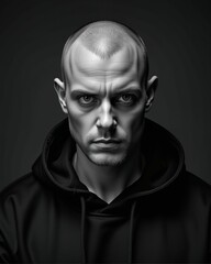 Obraz premium A striking black and white portrait of a man with a serious expression, wearing a hoodie, showcasing intense facial features and dramatic lighting.