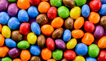 Obraz premium Repeating pattern of colorful candies, showcasing their smooth, shiny surfaces and vibrant colors. Ideal for sweet, playful, or indulgent concepts. Texture, background.