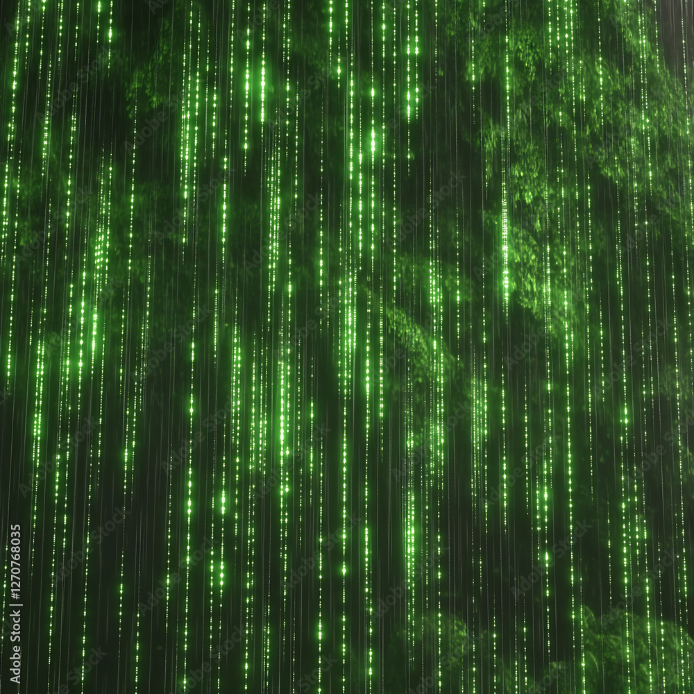 Poster matrix style data stream with cascading green lights on dark background for technological effect