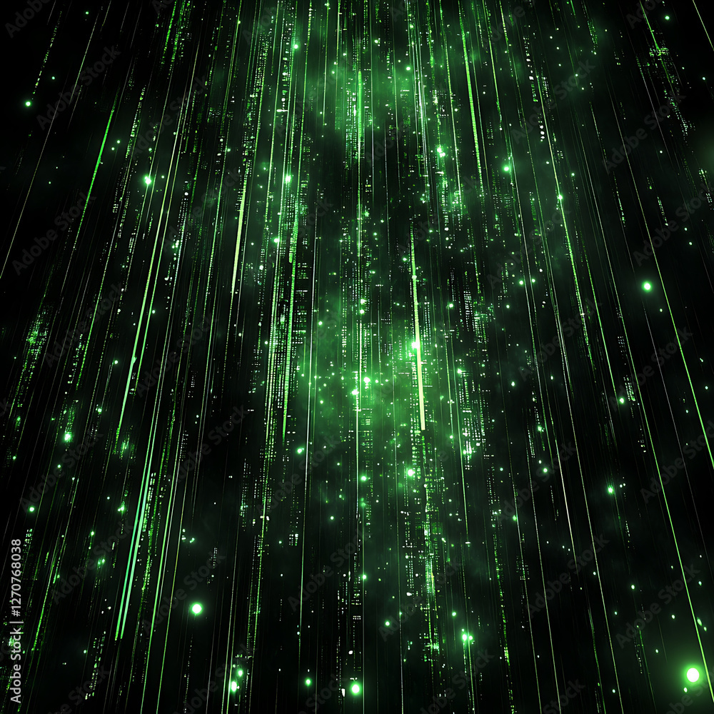 Poster matrix style digital rain with glowing code cascades and dark abstract cyberpunk atmosphere scene