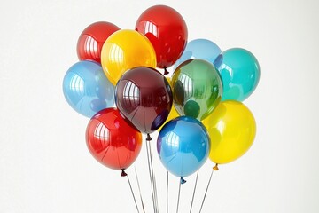 A vibrant bunch of glossy balloons in various colors floats against a clean white backdrop, perfect for celebrating a birthday, party, or special event with joy.