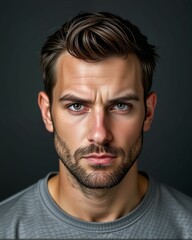 Fototapeta premium A close-up portrait of a serious man with striking features and a well-groomed beard, showcasing intense expression against a dark background.