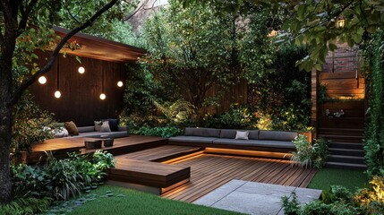 Serene Backyard Oasis: Luxurious Modern Garden Design with Wooden Deck and Ambient Lighting