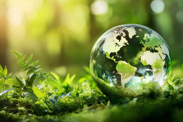 Glass globe in green forest with the icon environment of ESG, co2, circular company, and net zero. Technology Environment, Organization Sustainable development environmental