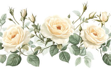 Fototapeta premium Elegant cream roses border, floral, vintage, seamless, decorative, for background, wallpaper, fabric, print, design