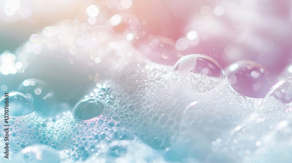 Aufkleber A mesmerizing display of soap foam creates a frothy surface, showcasing delicate bubbles in various sizes. The soft pastel colors blend harmoniously, evoking a sense of tranquility and cleanliness