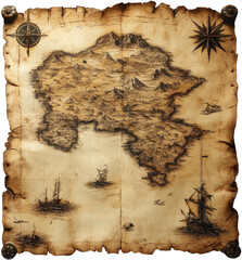 Vintage treasure map with ships and compass.