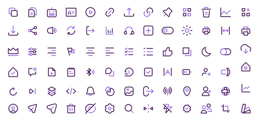 Color Ui ux line icon set. User interface, lylac, two color, mobile app, document file, social media, button, arrow, icon set collection.