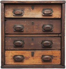 Vintage wooden drawer cabinet with metal handles.