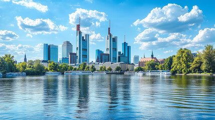 Frank's style, the skyline of the city with skyscrapers on the main river on a summer day, view from the water surface, Germany travel and vacation concept