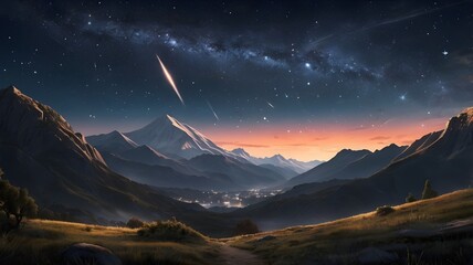 AI GENERATE,  starry sky with glowing shooting stars over a quiet mountain landscape