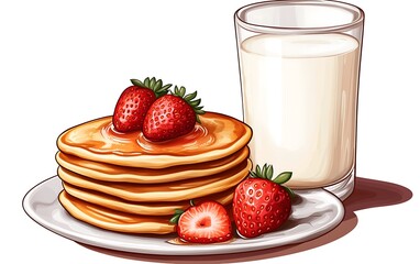 Pancakes with strawberries and a glass of milk on a plate, for breakfast and brunch
