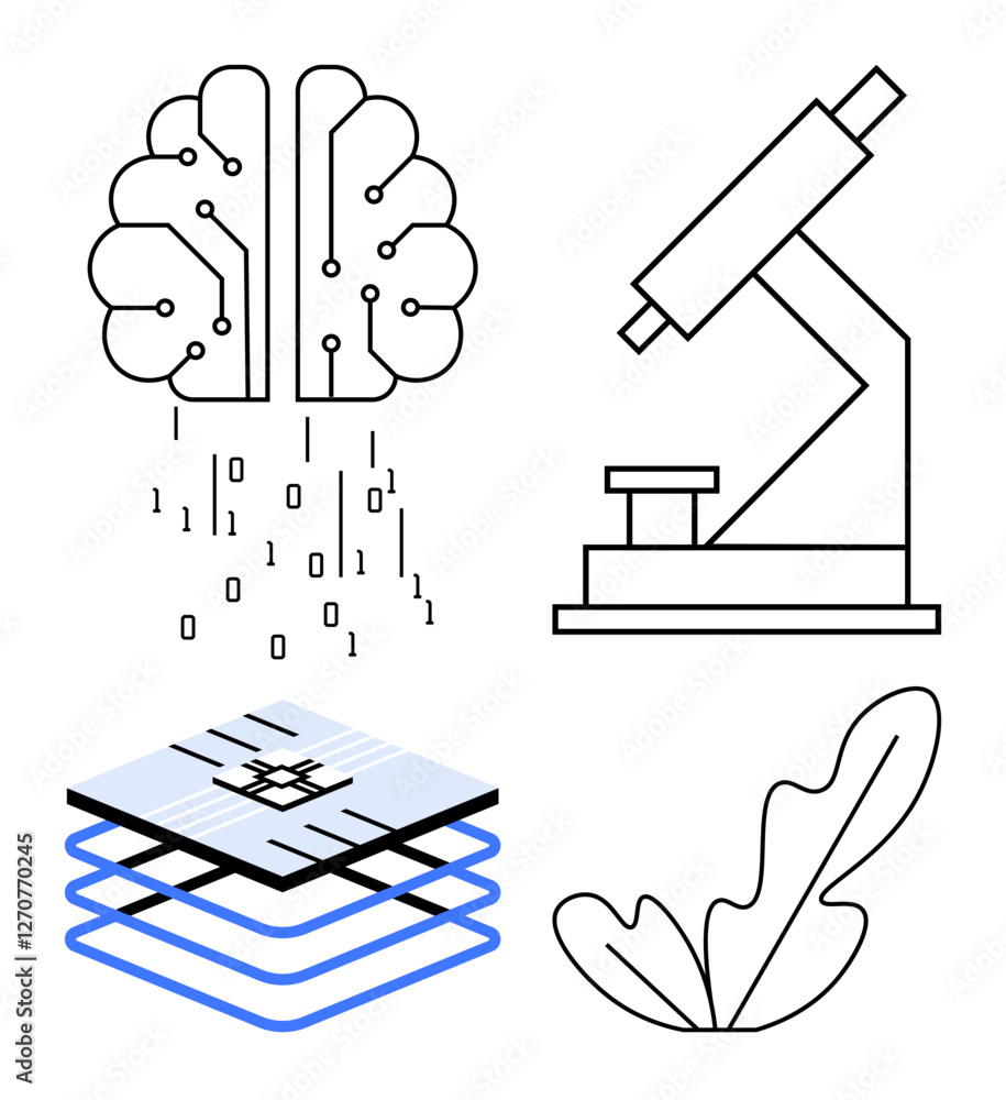 Poster brain with binary code, a microscope, a layered circuit board, and a leaf. ideal for innovation, res